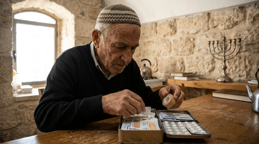 Elderly Jewish man in Jerusalem prepares first aid kit on table.