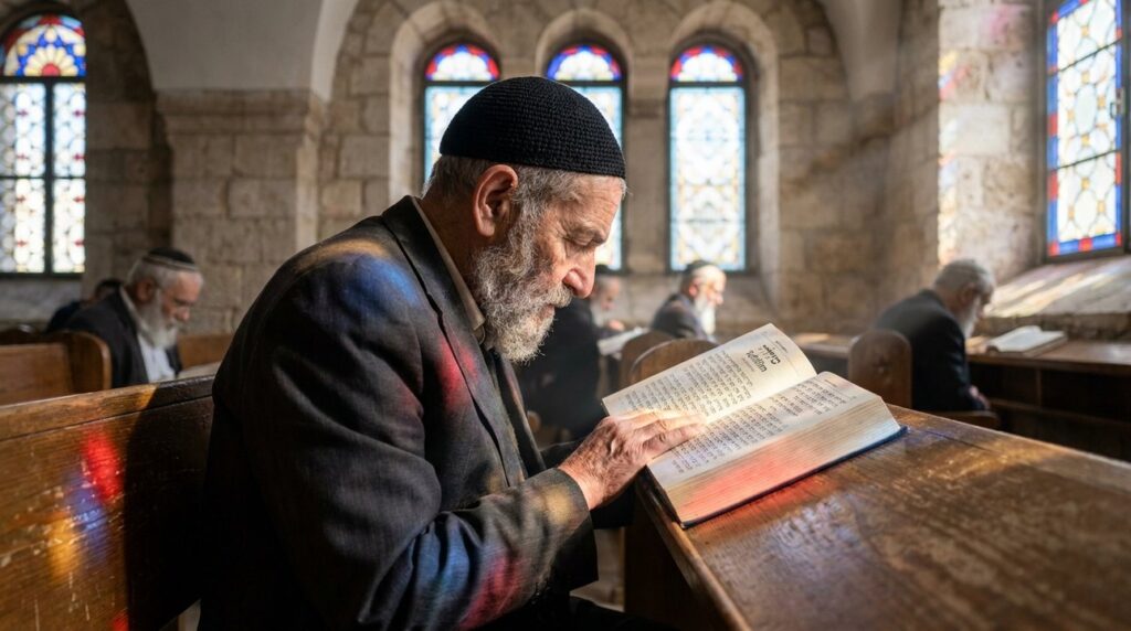 Elderly Jewish man reading Psalms in a sunlit Jerusalem synagogue.