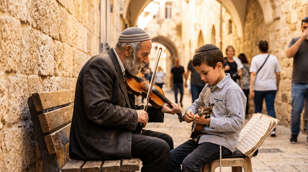 Elderly man teaching boy violin in sunlit Jerusalem alley.