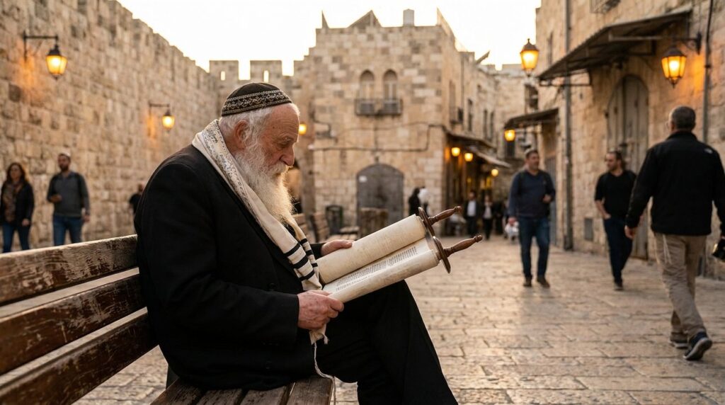 Elderly Jewish man reads Torah by Jerusalem's stone walls at dusk.