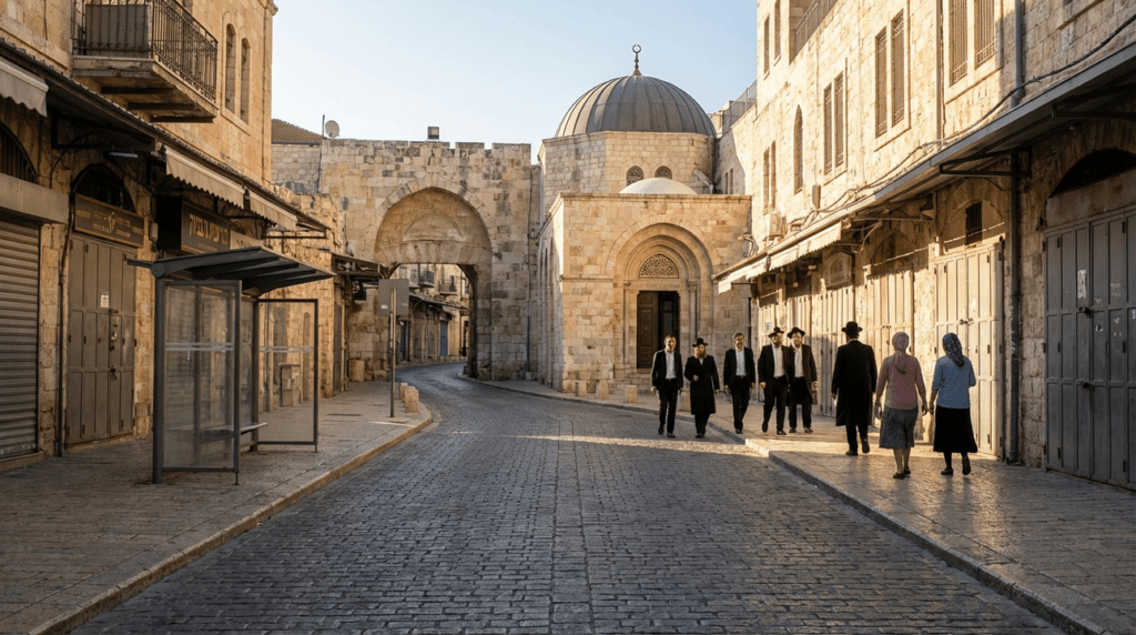 Early morning Shabbat in Jerusalem with empty streets and walking individuals.