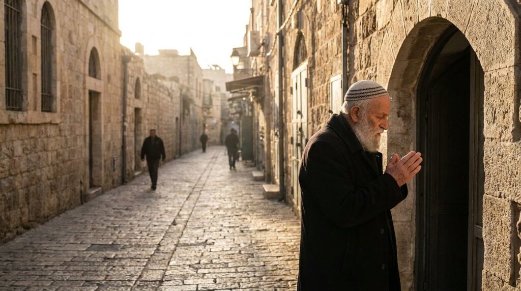 Elderly man in kippah praying on cobblestone street at sunrise.