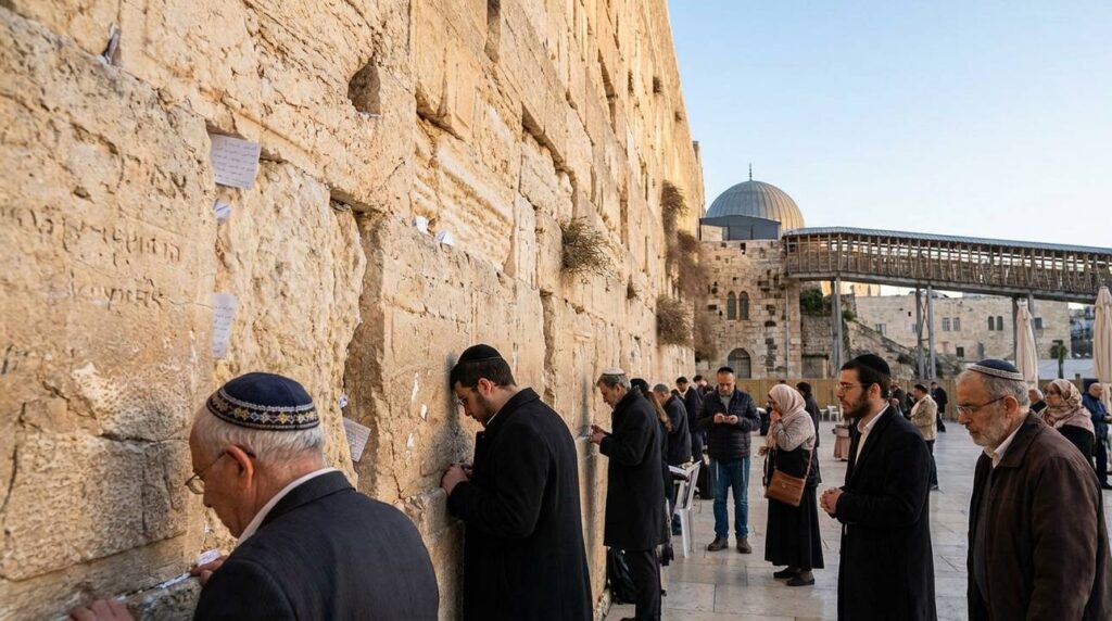 People of various ages praying at the Western Wall, Jerusalem.