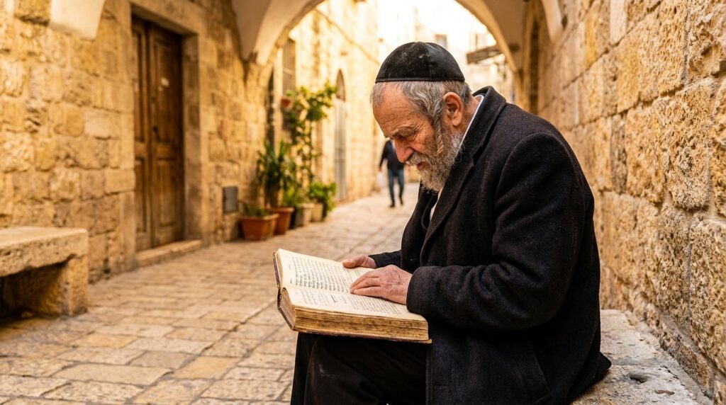 Elderly Jewish man reading texts in Jerusalem's old city street.