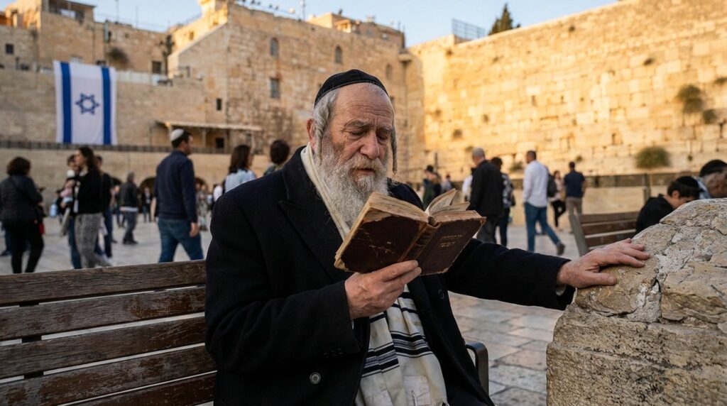 Elderly Jewish man in traditional attire reading by Western Wall.