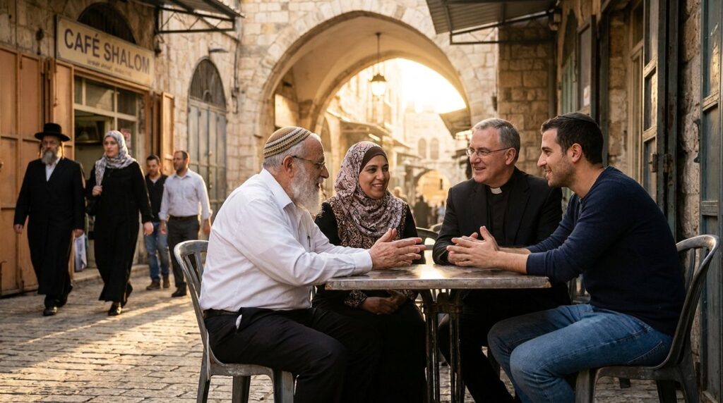 Diverse group discussing earnestly at a Jerusalem cafe, morning light.