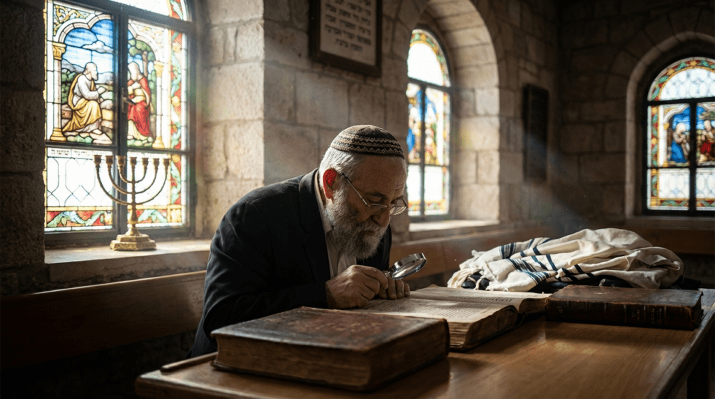 Jewish scholar studying ancient texts in a historic Jerusalem synagogue.