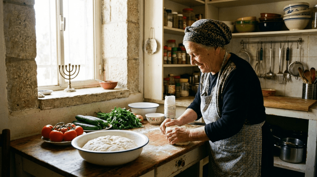 Elderly Jewish woman prepares food in a sunlit rustic kitchen.