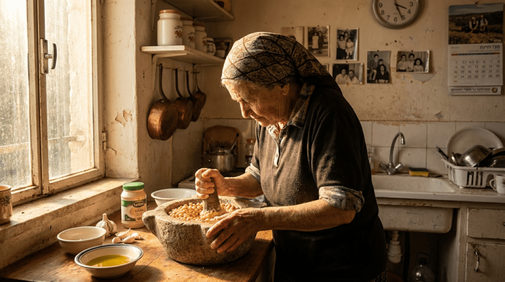 Elderly woman in headscarf making hummus with mortar and pestle.