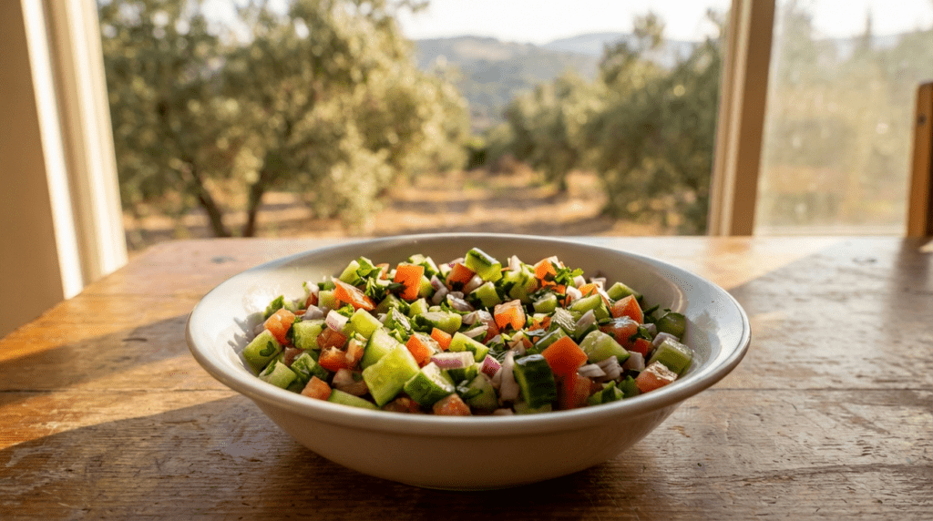 Israeli salad with cucumbers and tomatoes on a wooden table.