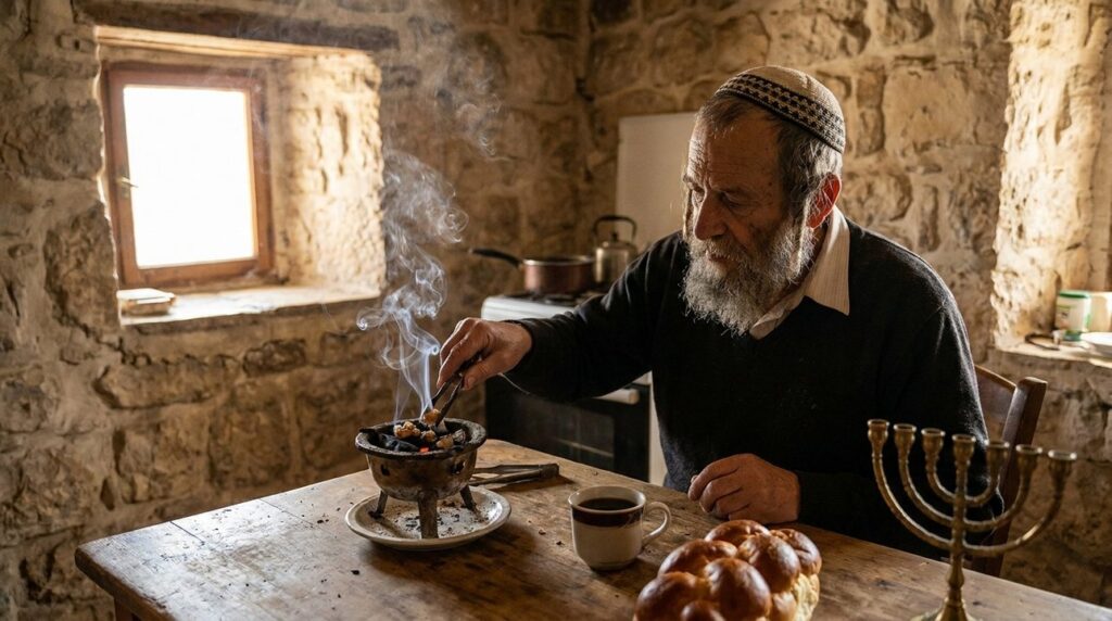 Elderly Jewish man placing frankincense on burner in rustic kitchen.
