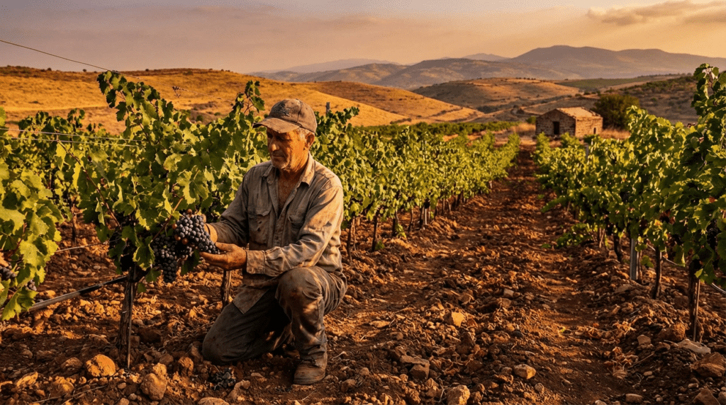 Vineyard worker inspects grapevines in Golan Heights at sunset.