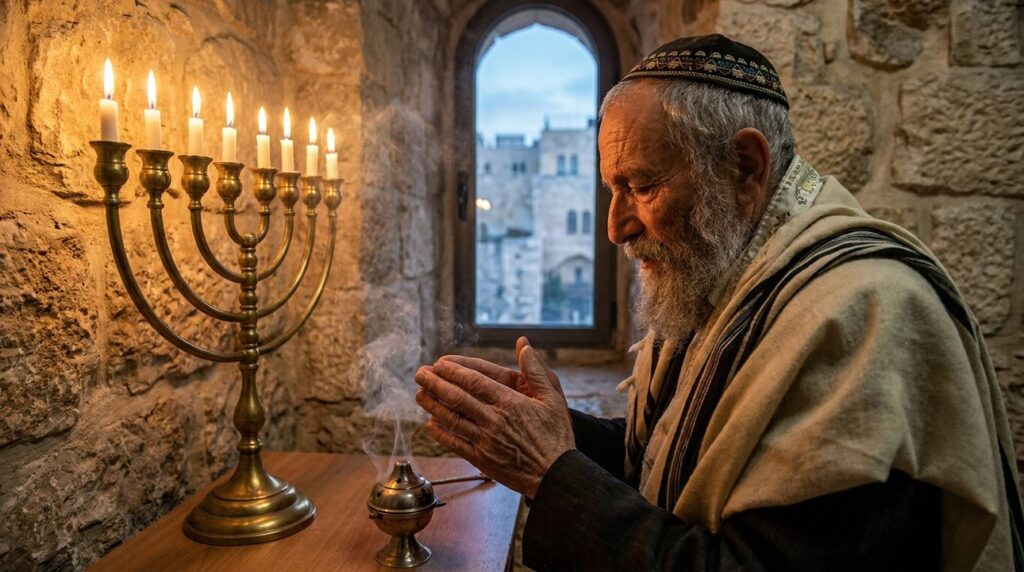 Elderly Jewish man praying beside a menorah in a stone room.