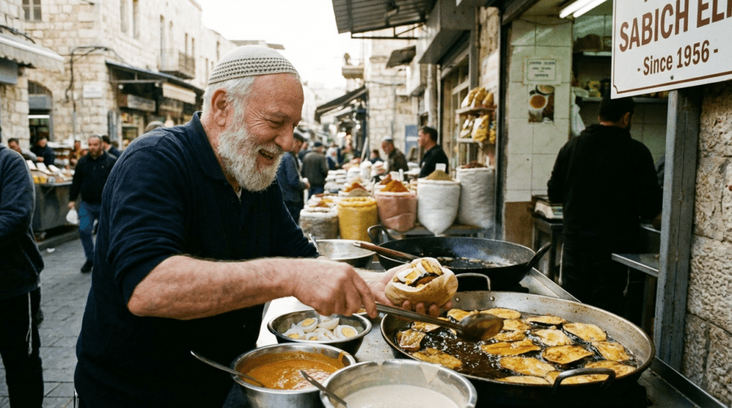 Elderly man prepares sabich sandwich at Jerusalem market stall.