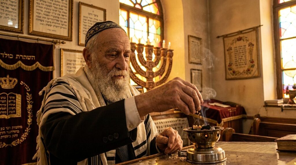 Elderly Jewish man offering incense in a decorated synagogue.