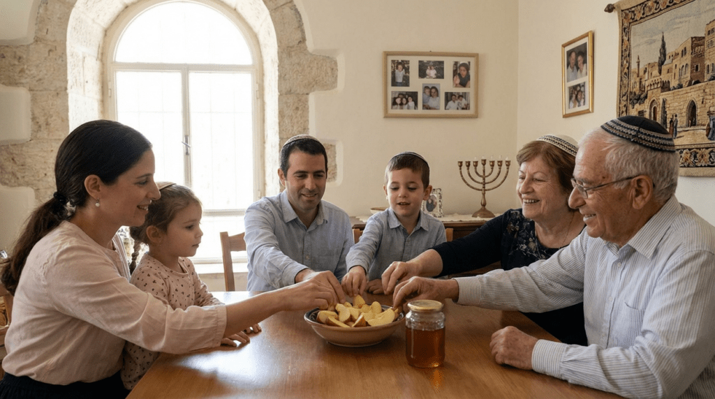 Family celebrating Rosh Hashanah around table with apples and honey.