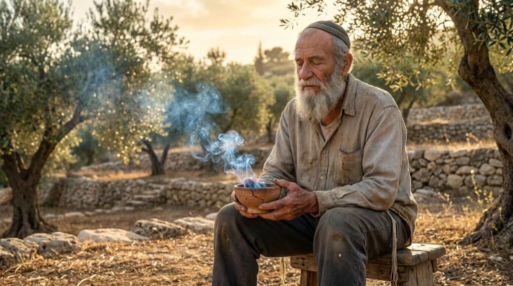 Elderly Jewish man meditating with frankincense in an olive grove.