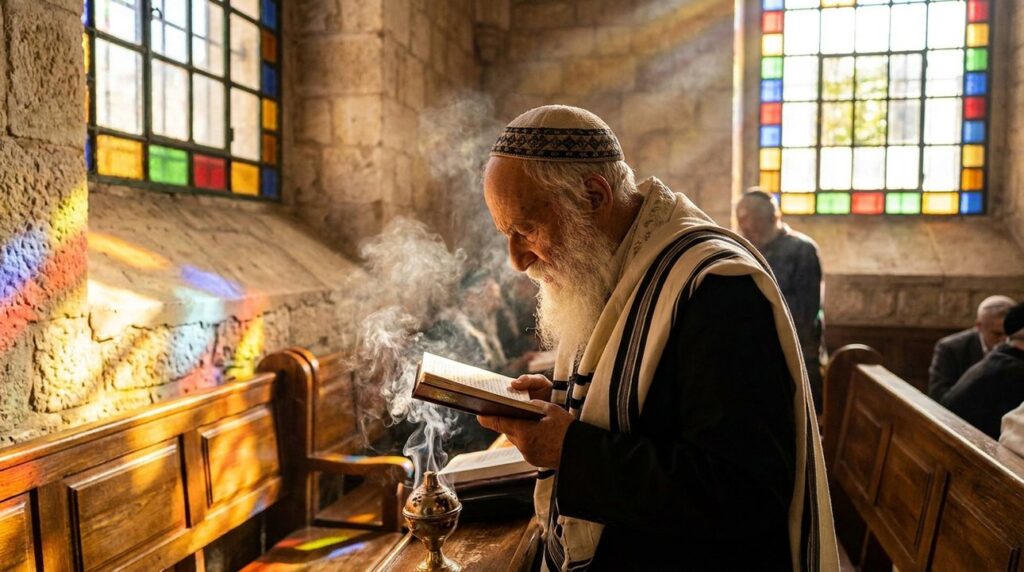 Elderly Jewish man in kippa performing ritual in Jerusalem synagogue.
