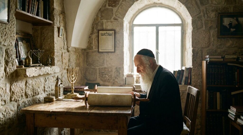 Elderly Jewish man reading Torah at wooden table in stone house.