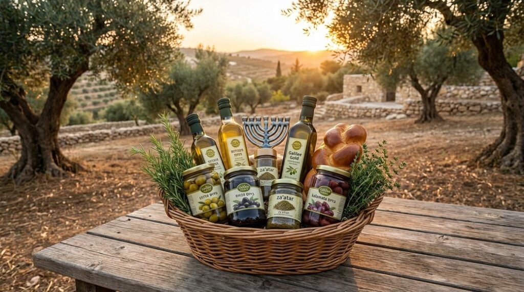 Image illustrating: Basket with oils, olives, challah, herbs in sunny olive grove.