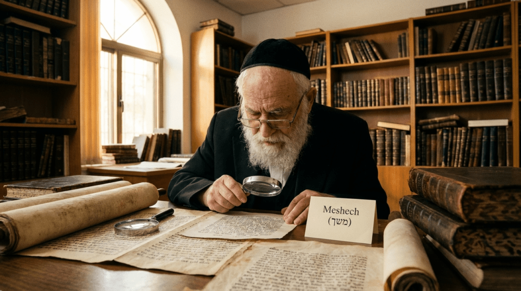 Elderly Jewish scholar studying ancient texts in a traditional study room.