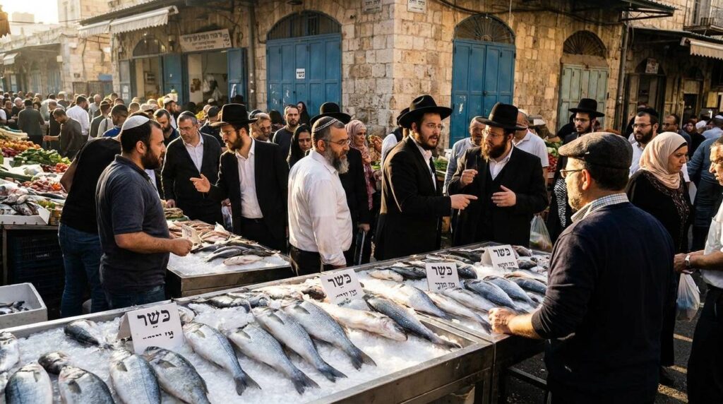 Jerusalem market with people buying fish, wearing kippahs and turbans.