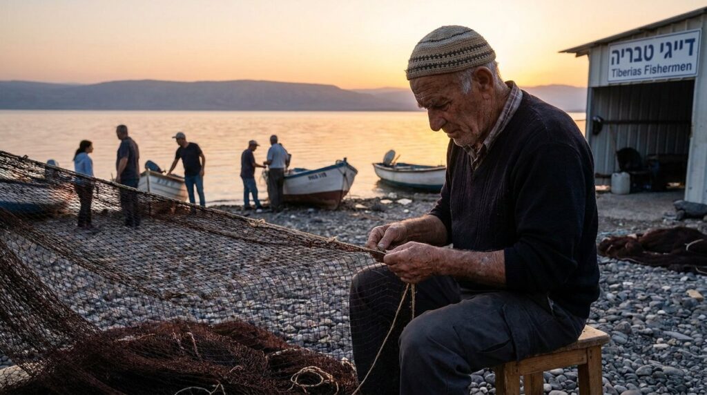 Elderly fisherman in kippa mends nets by Sea of Galilee.