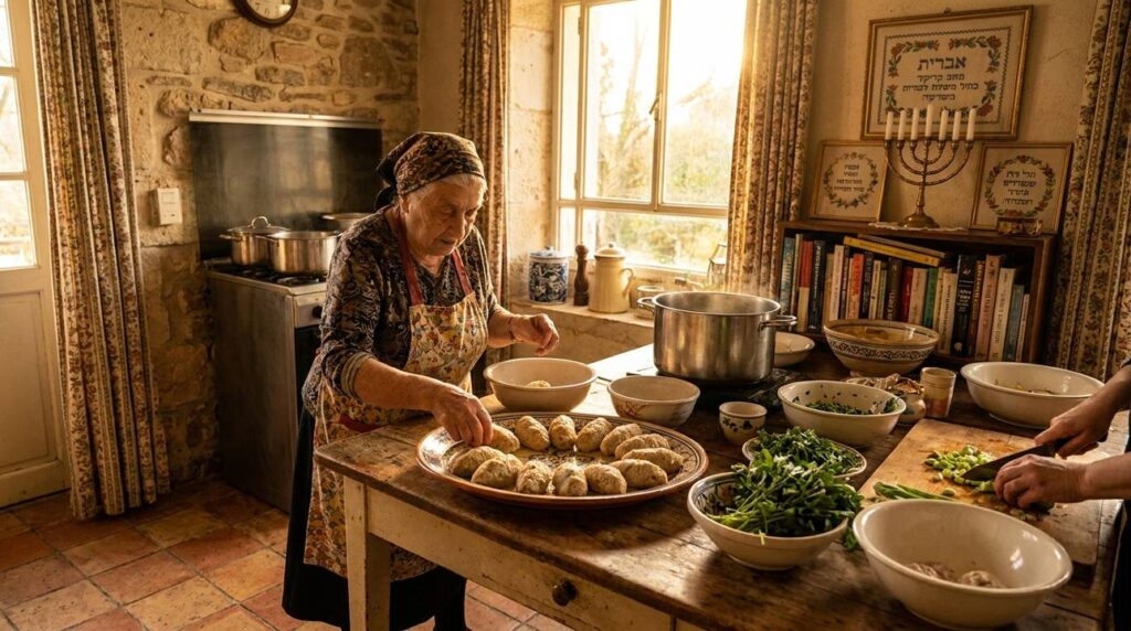Elderly woman arranging gefilte fish in a traditional Jewish kitchen.