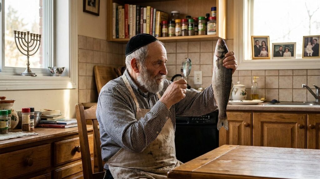 Elderly Jewish man inspects a fish in a traditional kitchen.
