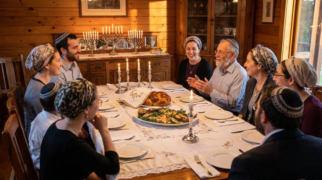 Traditional Jewish Shabbat dinner table with fish dishes and menorah.