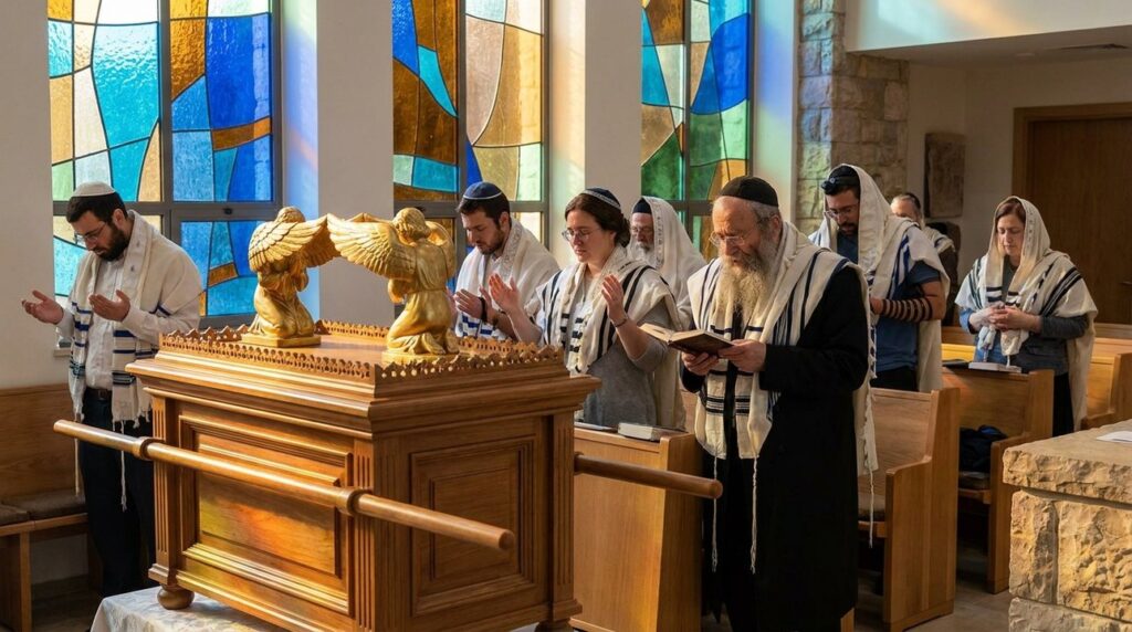 Replica of the Ark of the Covenant in a synagogue during prayer.