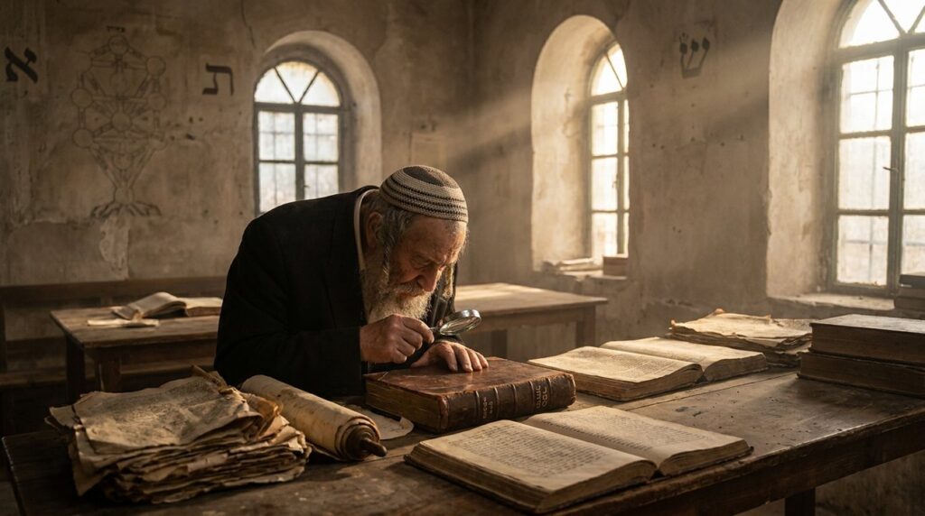 Elderly Jewish scholar reads Zohar in ancient Jerusalem library.