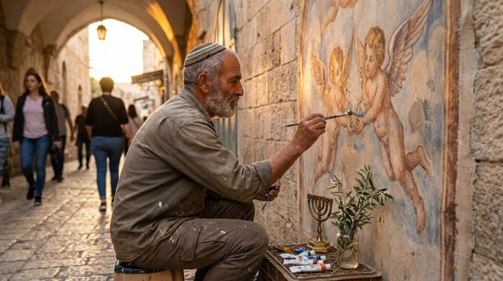 Artist in kippah paints cherubim mural on Jerusalem stone wall.