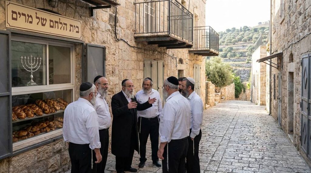 Elderly men in kippahs talking near bakery in cobblestone street.