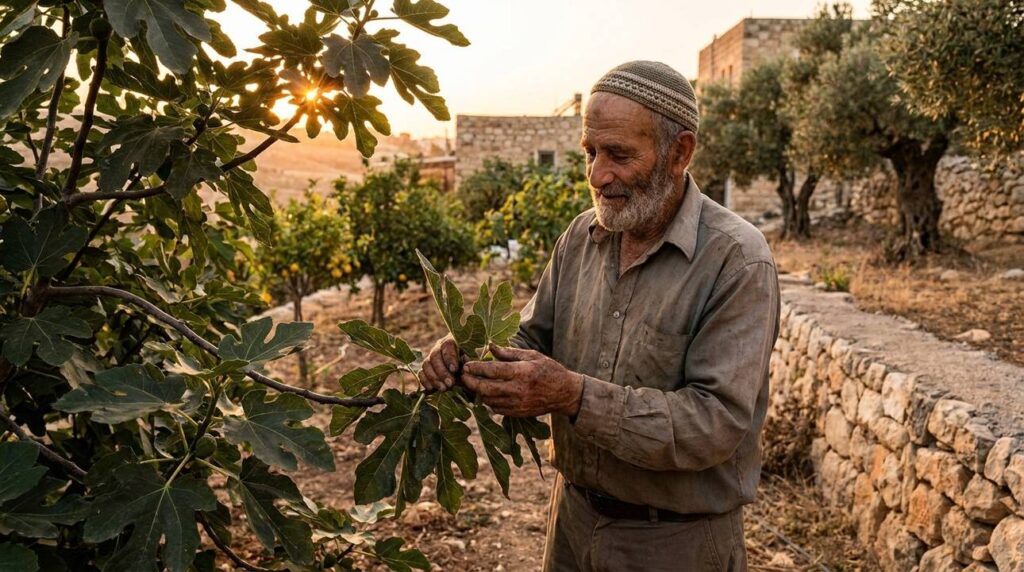 Elderly man in Jewish attire tending fig tree in orchard.