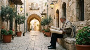 Elderly man in kippa reading Torah in Jerusalem's cobblestone street.