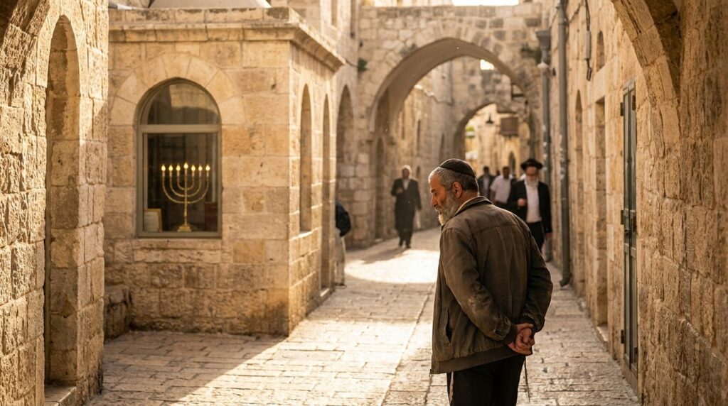 Morning sunlight in Jerusalem alley with menorah and thoughtful man.