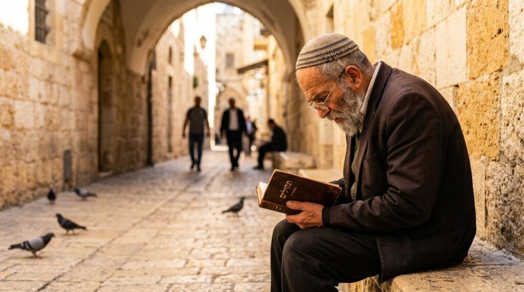 Elderly Jewish man reading Psalms in sunlit Jerusalem alleyway.