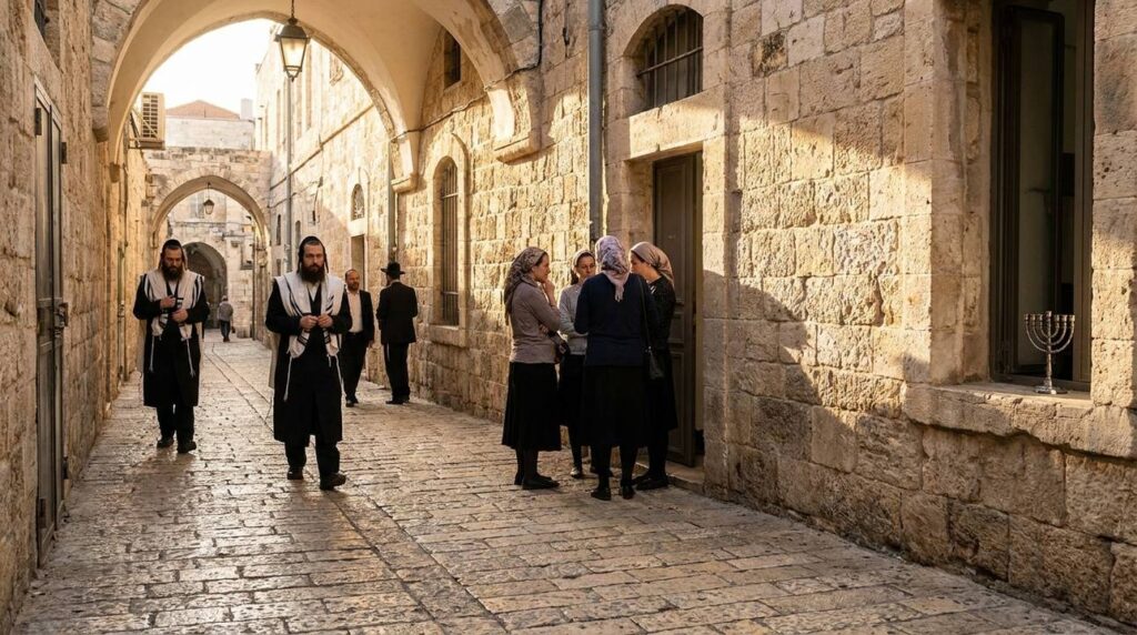 Early morning in Jerusalem's Jewish Quarter with locals walking and conversing.