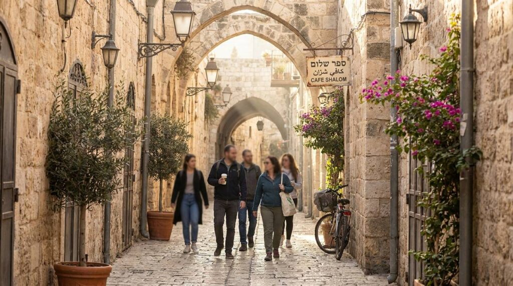 Morning light on Jerusalem's stone walls, narrow paths, and lanterns.