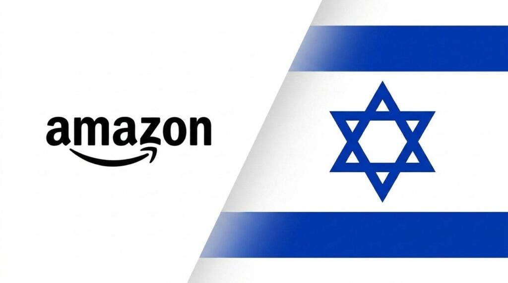 Amazon logo merged with Israeli flag in a graphic layout.