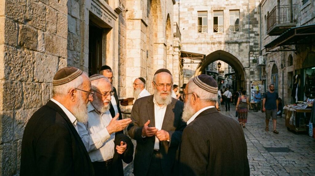 Elderly Jewish men discussing outside a stone synagogue in Jerusalem.