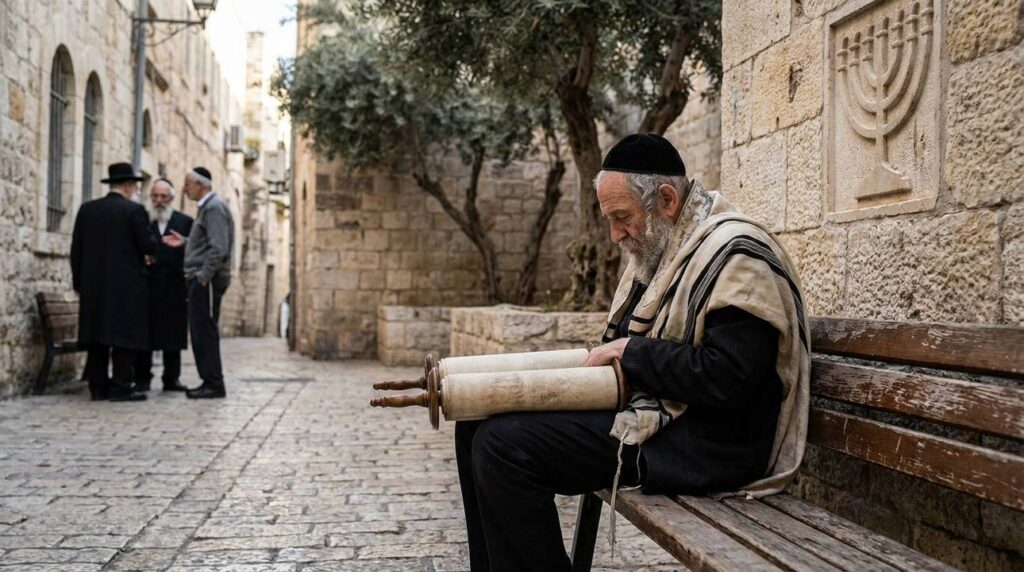 Elderly Jewish man reading Torah by menorah in Jerusalem.