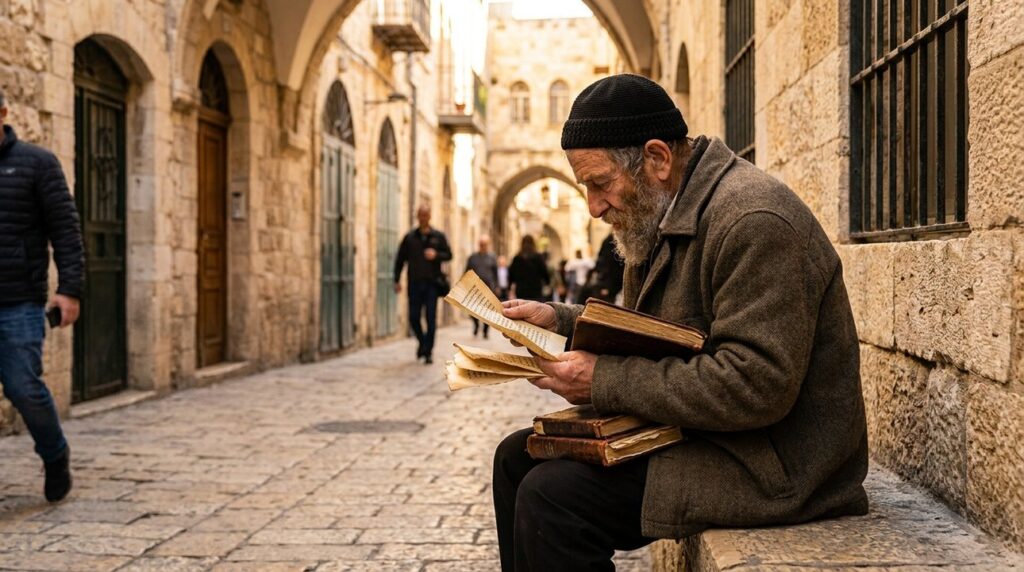 Elderly Jewish man with scrolls sitting on bench in Jerusalem.