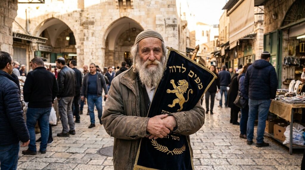 Elderly Jewish man in kipa holding banner with lion, Jerusalem street background.