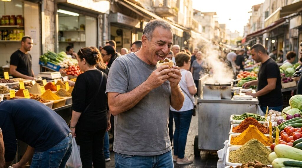 Israeli man in his 50s eating falafel at a busy market.