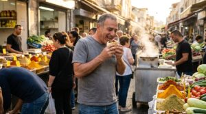 Israeli man in his 50s eating falafel at a busy market.