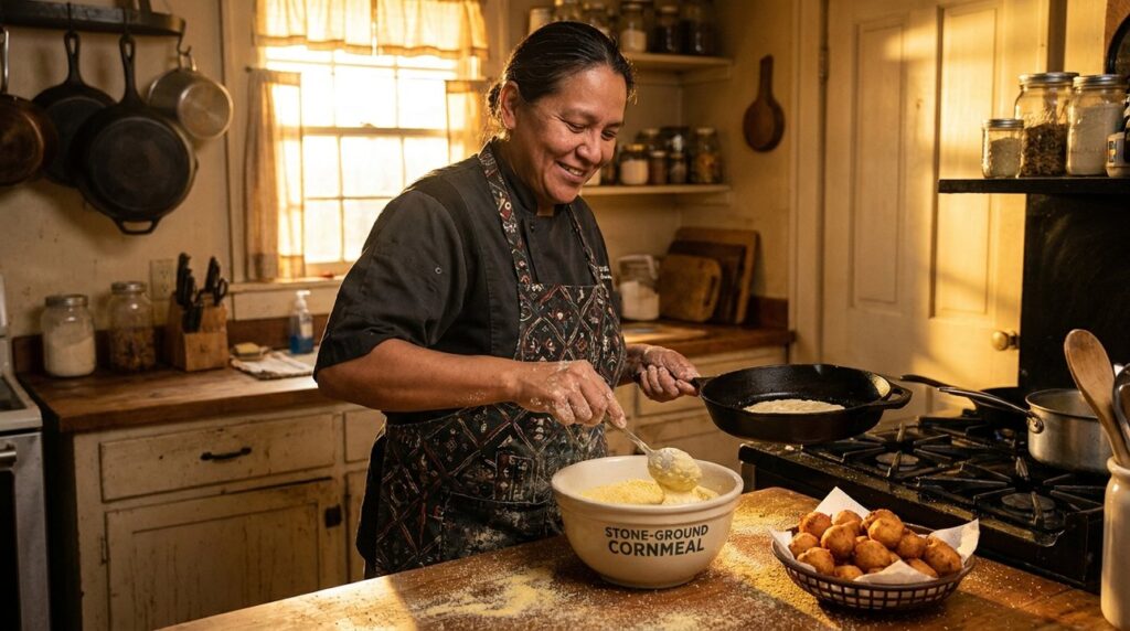 Native American chef prepares hush puppies in a rustic kitchen.