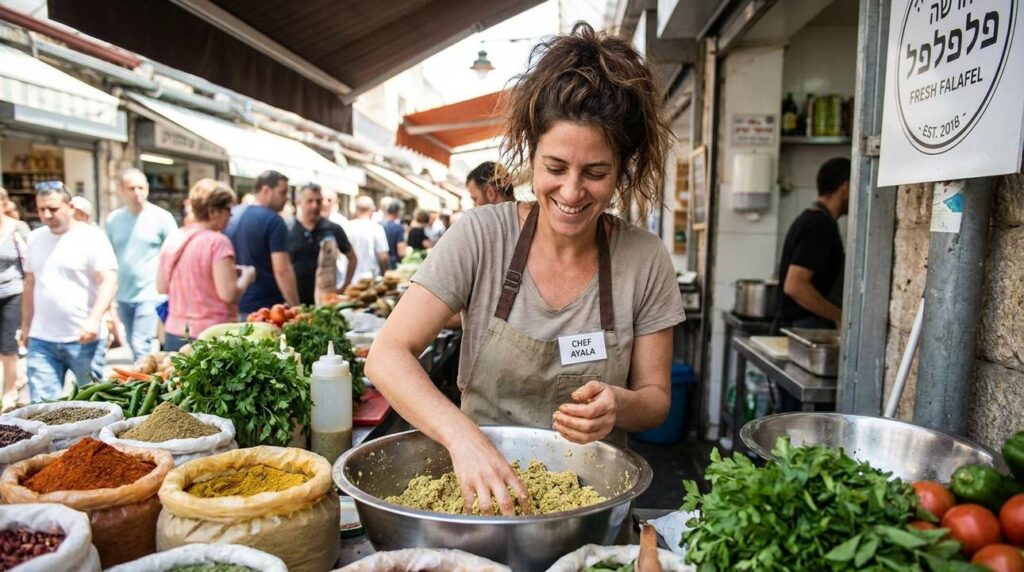 Israeli chef mixes ingredients for falafel at Tel Aviv market.