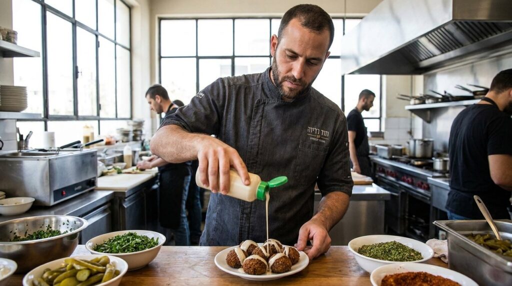 Israeli chef garnishing falafel with tahini in Tel Aviv kitchen.